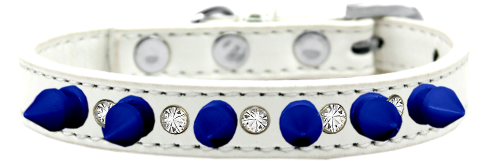 Crystal and Blue Spikes Dog Collar White Size 16